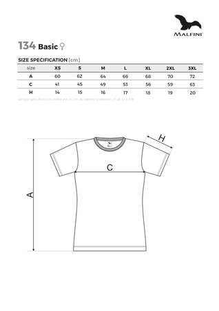 Koszulka damska 160 g/m² Basic 134 Malfini – 100 % bawełna, klasyczny T‑shirt